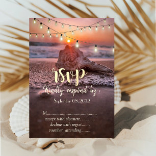 Ocean Beach Sunset,String Lights Seashell RSVP   Invitation