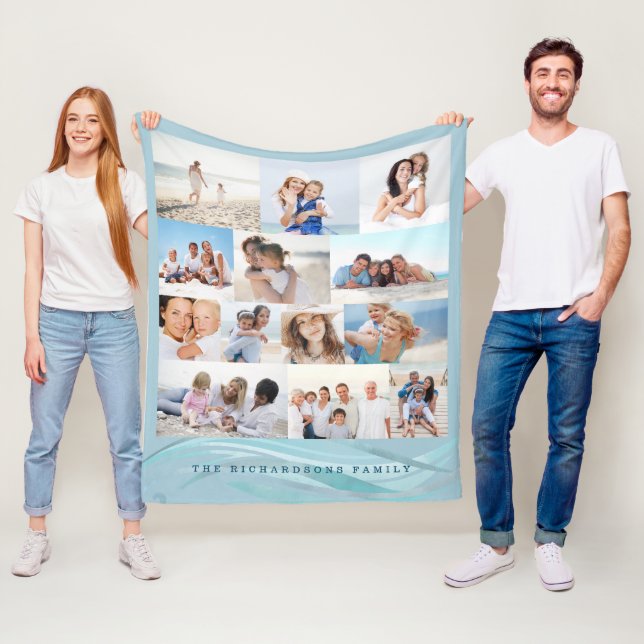 Ocean Beach Theme Family Photo Memory Collage Grid Fleece Blanket (In Situ)