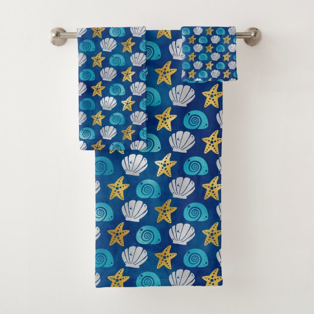 Ocean Beach Theme Seashells Starfish Gold Blue Bat Bath Towel Set (Insitu)