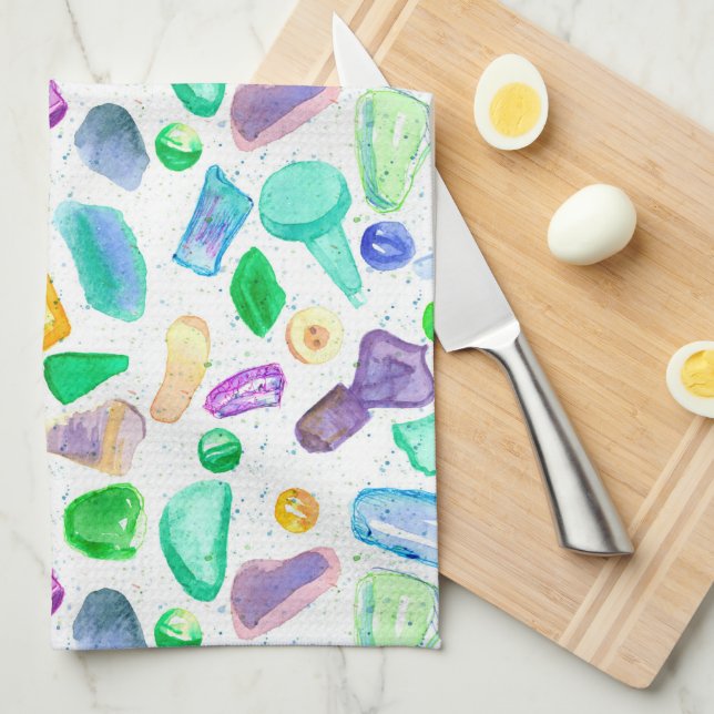 Ocean Beach Treasures Sea Glass Marbles Buttons Tea Towel (Quarter Fold)