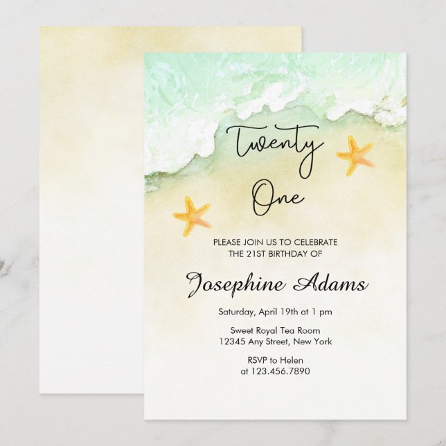 Ocean Beach Tropical Watercolor 21st Birthday Invitation (Front/Back)