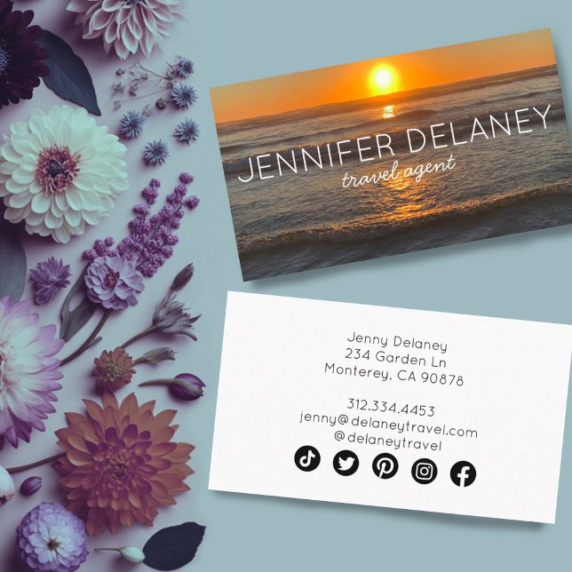 Ocean Beach Waves Sunset Nature Photo Travel Business Card (Photography custom business cards with social media icons. Sunset beach waves)