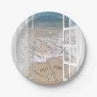 Ocean beach wedding hearts in window