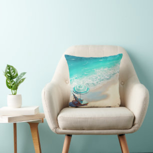 Ocean Beach With Chaise Lounge and Umbrella Cushion