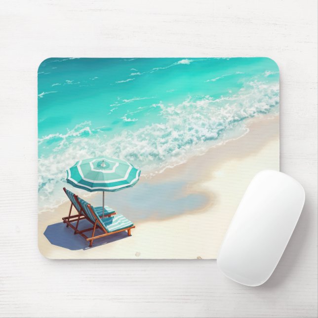 Ocean Beach With Chaise Lounge and Umbrella Mouse Pad (With Mouse)