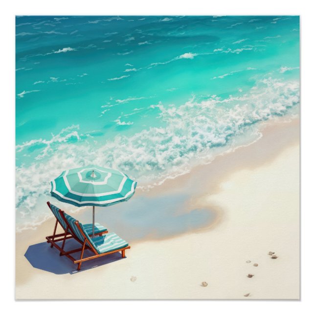Ocean Beach With Chaise Lounge and Umbrella Poster (Front)