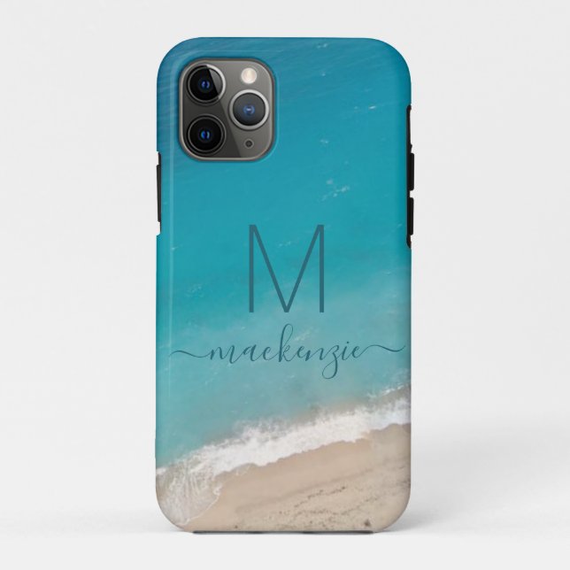 Ocean Beach with Teal Blue Monogram Personalised Case-Mate iPhone Case (Back)