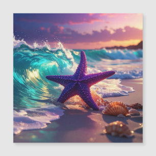 Ocean beach with violet starfish