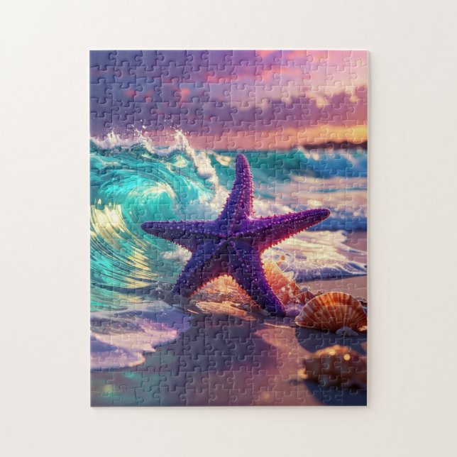 Ocean beach with violet starfish jigsaw puzzle (Vertical)