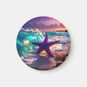 Ocean beach with violet starfish magnet