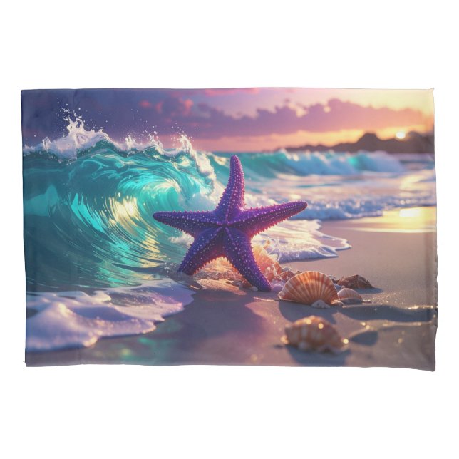 Ocean beach with violet starfish pillowcase (Front)