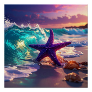 Ocean beach with violet starfish poster