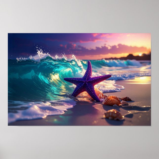 Ocean beach with violet starfish poster (Front)