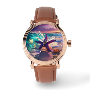 Ocean beach with violet starfish watch