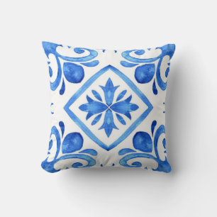 Ocean Bloom Blue Watercolor Floral Mosaic Cushion