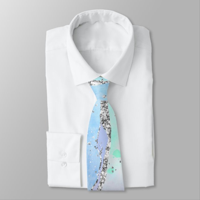 Ocean Blue Agate Glitter Sparkly Neck Tie (Tied)