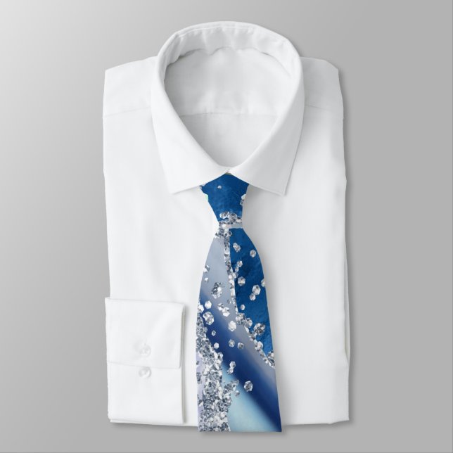 Ocean Blue Agate Glitter Sparkly Neck Tie (Tied)