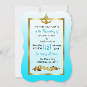 Ocean Blue Anchor Gold Wedding Invitation