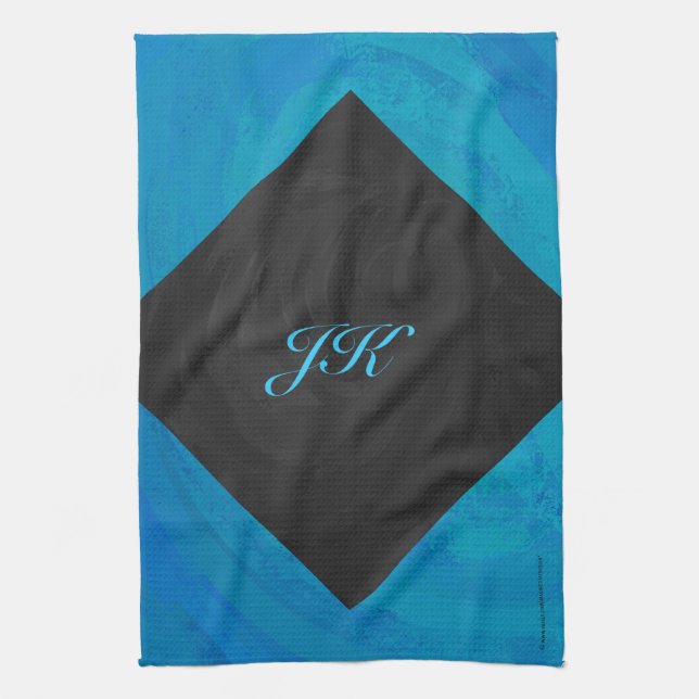 Ocean Blue and Black Monogram Tea Towel (Vertical)