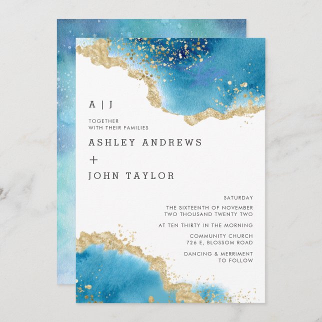 Ocean Blue and Gold Abstract Wedding Invitation (Front/Back)
