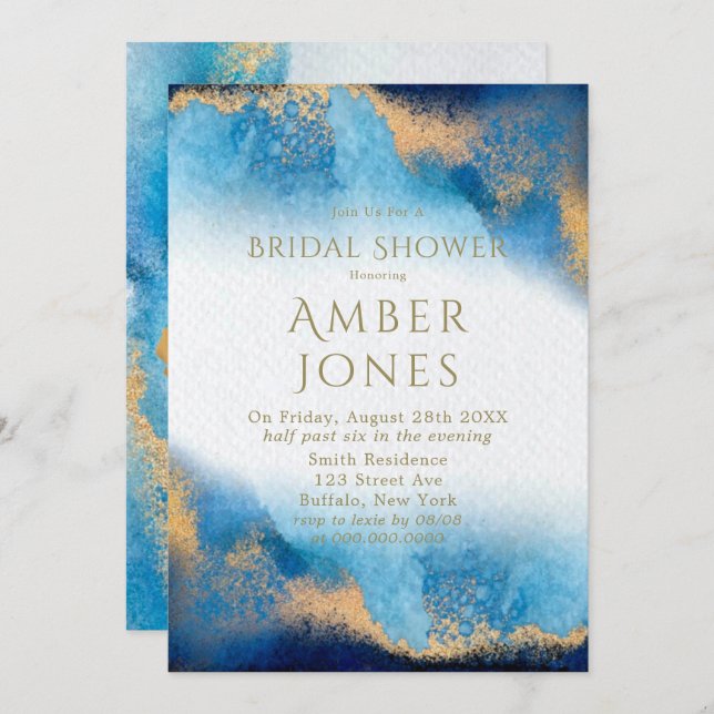 Ocean Blue and Gold Agate Bridal Shower   Invitation (Front/Back)