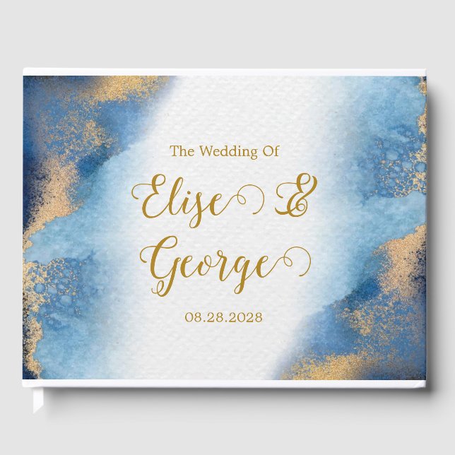 Ocean Blue and Golden Watercolor Wedding Guest Book (Front)