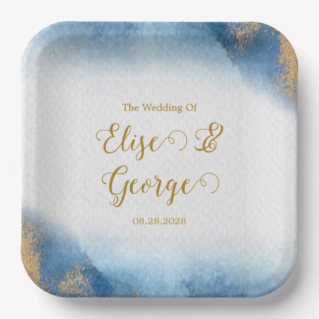 Ocean Blue and Golden Watercolor Wedding Paper Plate (Front)