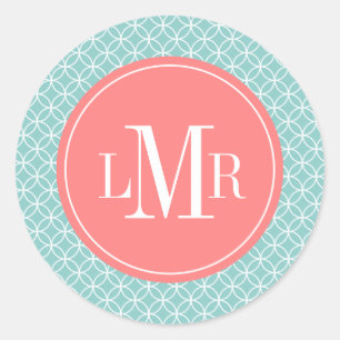 Ocean Blue and Pink Circles Pattern Monogram Classic Round Sticker