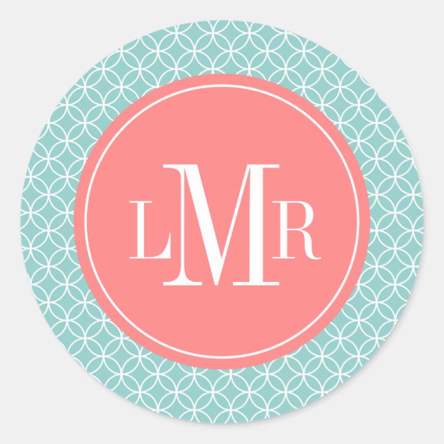 Ocean Blue and Pink Circles Pattern Monogram Classic Round Sticker (Front)