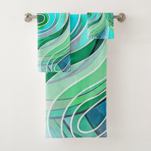 Ocean Blue and Turquoise Doodle With Black Lines Bath Towel Set