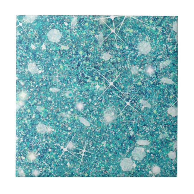 Ocean Blue Aqua Colour Faux Glitter Solid Ceramic Tile (Front)