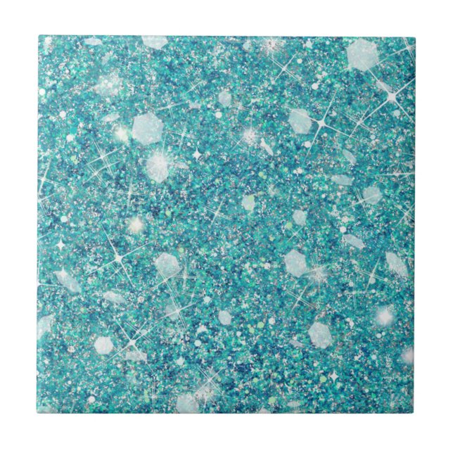 Ocean Blue Aqua Colour Faux Glitter Solid Ceramic Tile (Front)