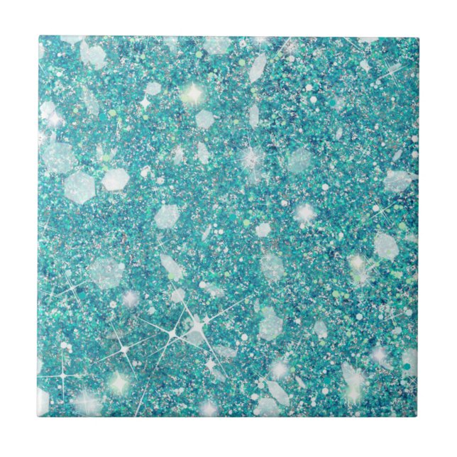 Ocean Blue Aqua Colour Faux Glitter Solid Ceramic Tile (Front)