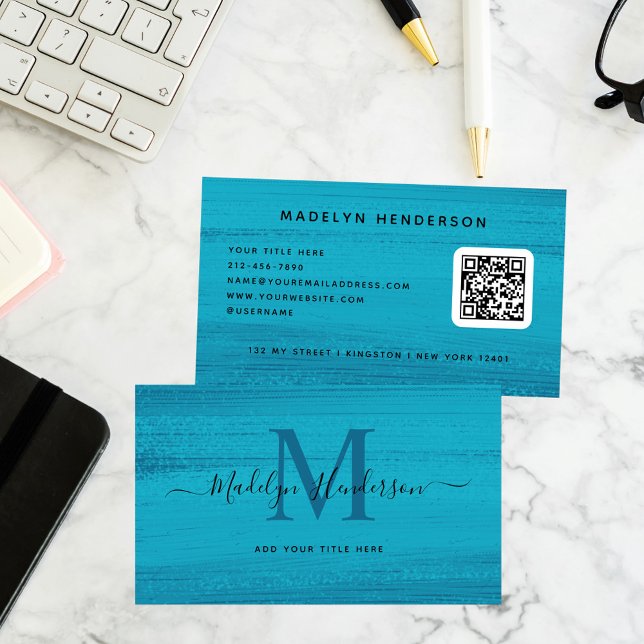 Ocean Blue Brush Strokes Modern Brush QR Code Business Card (Creator Uploaded)
