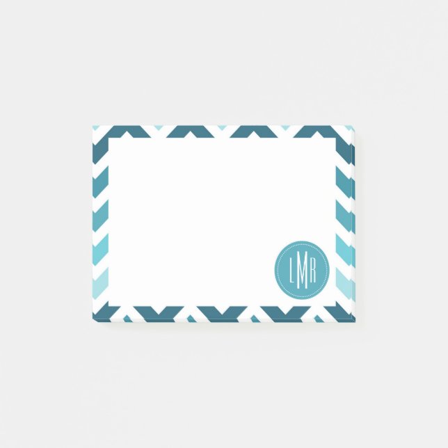 Ocean Blue Chevron Ombre ZigZag Monogrammed Post-it Notes (Front)