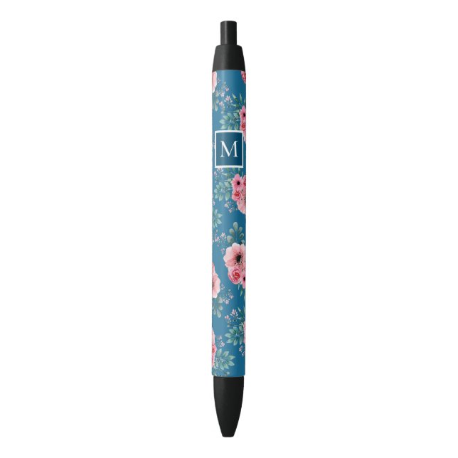 Ocean Blue | Chic Watercolour Floral Monogram Black Ink Pen (Front Vertical)