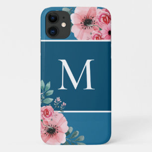 Ocean Blue Colour Block Monogram Floral iPhone 11 Case