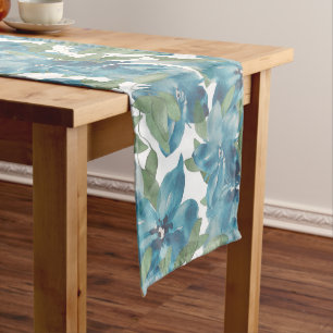 Ocean Blue Floral Fusion Watercolor Hand-painted Long Table Runner