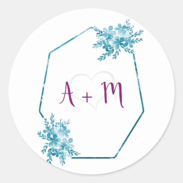 Ocean Blue Floral Initial Monogram Wedding Sticker (Front)