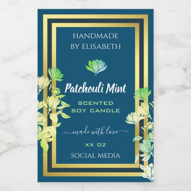 Ocean Blue Floral Product Packaging Labels Gold (Single Label)