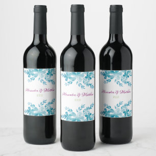 Ocean Blue Floral Wedding Wine Bottle Labels