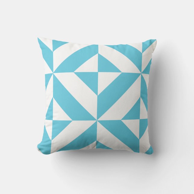 Ocean Blue Geometric Deco Pattern Cushion (Front)