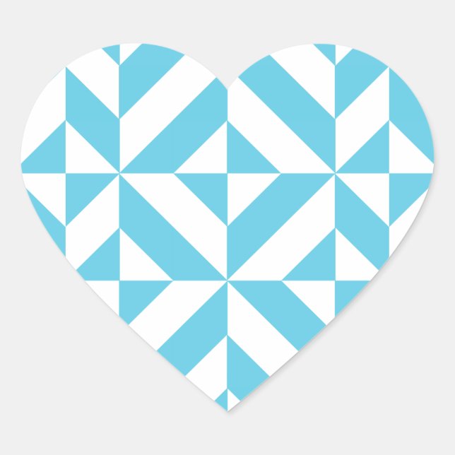 Ocean Blue Geometric Deco Pattern Heart Sticker (Front)