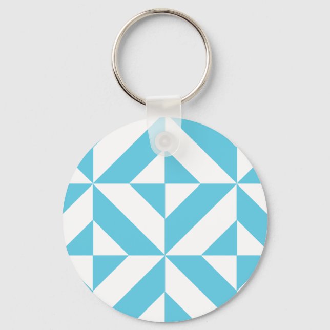 Ocean Blue Geometric Deco Pattern Key Ring (Front)