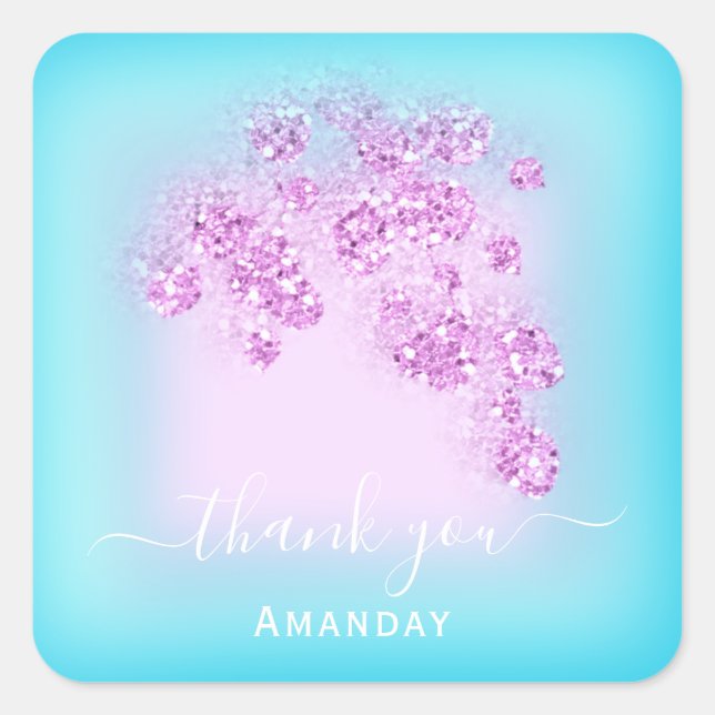 Ocean Blue Glitter Floral Pink Thank You Favour Vi Square Sticker (Front)