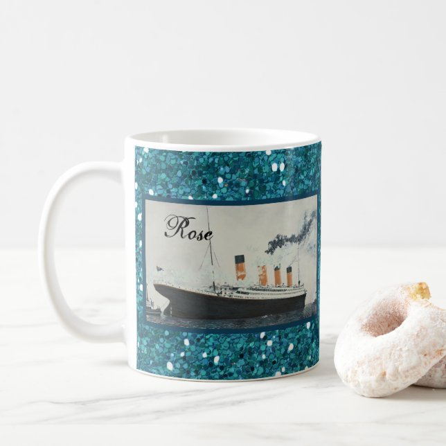 Ocean Blue Glitter Titanic Personalized Girly Coffee Mug (With Donut)