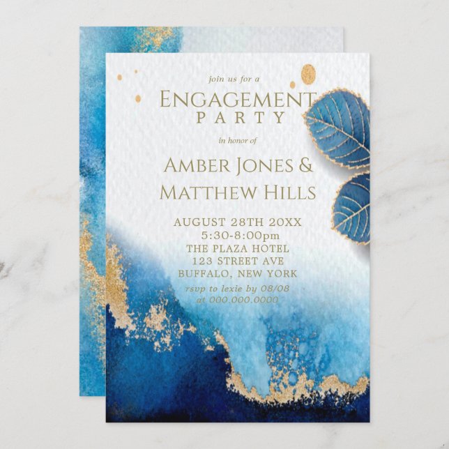 Ocean Blue Gold Agate Engagement Party Invitation (Front/Back)