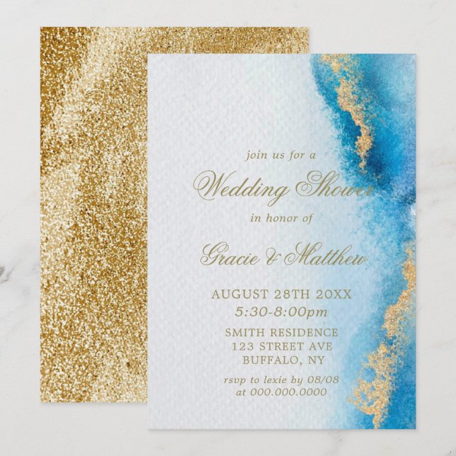 Ocean Blue Gold Agate Wedding Shower invitations  (Front/Back)