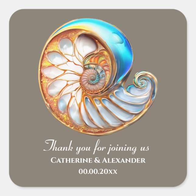 Ocean Blue Gold Conch Shell Thank You Square Sticker (Front)
