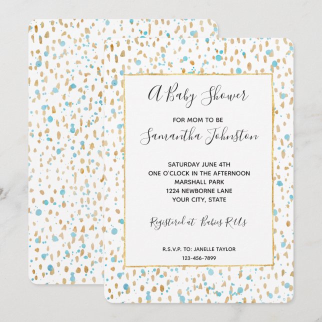 Ocean Blue Gold Confetti Dots Baby Shower Invitation (Front/Back)